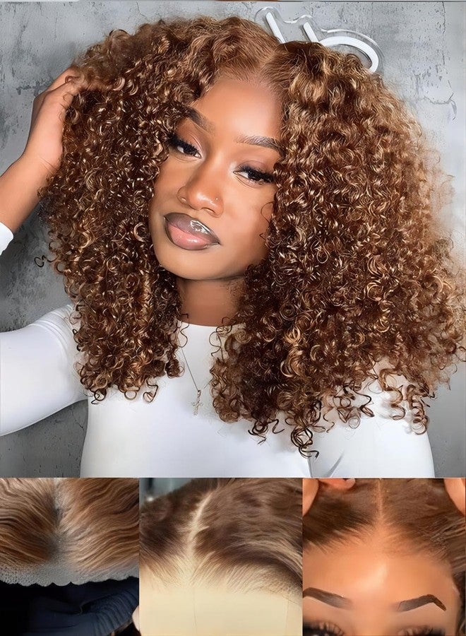 ISEE M-Cap Kinky Curly Wear Go Glueless Wigs Human Hair Pre Plucked Pre Cut Bleached Knots 9x6 HD Lace Glueless Human Hair Wigs For Women (Highlight Ombre, 12 Inch) - Image 2